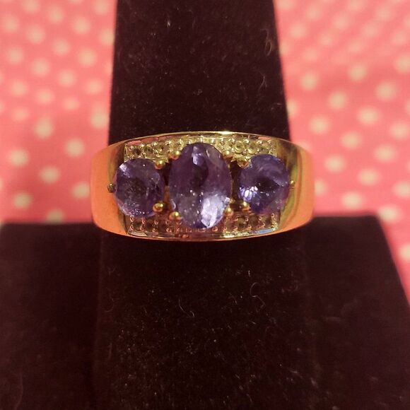 Iolite & Diamond Accent Trilogy Gold Vermeil/ Sterling Ring - Picture 2 of 7